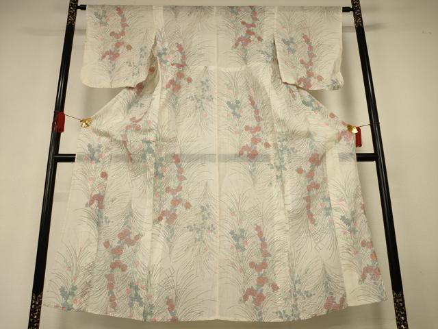 平和屋着物＊夏物　小千谷ちぢみ　草花文　麻　逸品　AABJ3397jd