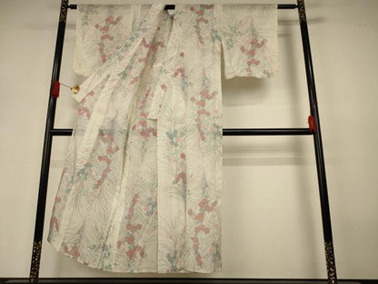 平和屋着物＊夏物　小千谷ちぢみ　草花文　麻　逸品　AABJ3397jd
