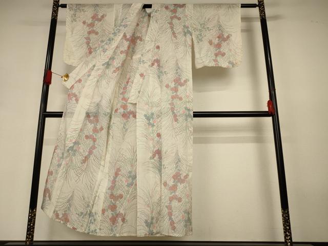 平和屋着物＊夏物　小千谷ちぢみ　草花文　麻　逸品　AABJ3397jd