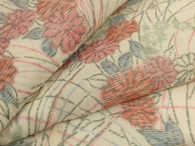 平和屋着物＊夏物　小千谷ちぢみ　草花文　麻　逸品　AABJ3397jd