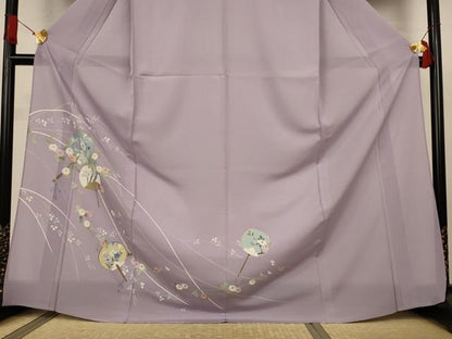 平和屋着物＊夏物　訪問着　絽　友禅　団扇　草花文　ロング丈　正絹　逸品　AABJ3399jd