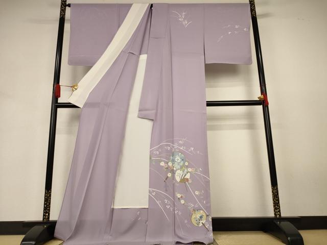 平和屋着物＊夏物　訪問着　絽　友禅　団扇　草花文　ロング丈　正絹　逸品　AABJ3399jd