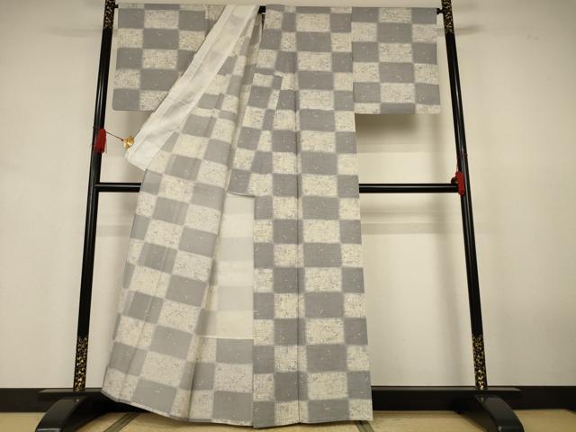 平和屋着物＊夏物　小紋　絽　市松草花文　正絹　逸品　AABJ3400jd