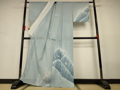平和屋着物＊夏物　訪問着　絽　風景飛鶴文　暈し染め　金彩　洗える着物　AABJ3405jd