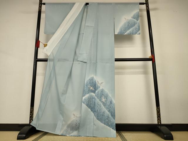 平和屋着物＊夏物　訪問着　絽　風景飛鶴文　暈し染め　金彩　洗える着物　AABJ3405jd