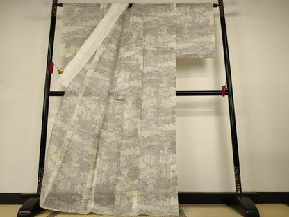 平和屋着物＊夏物　本場大島紬　夏大島　白大島　風景文　正絹　逸品　AABJ3425jd