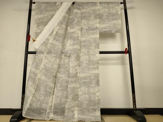 平和屋着物＊夏物　本場大島紬　夏大島　白大島　風景文　正絹　逸品　AABJ3425jd