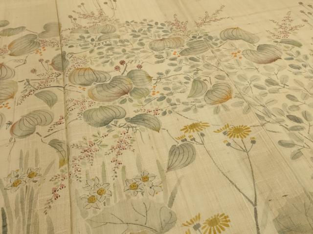 平和屋着物＊夏物　訪問着　生紬　手描き　草花文　ロング丈　正絹　逸品　AABJ3434jd