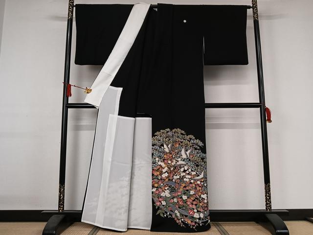 平和屋着物▽豪華黒留袖　単衣　友禅　作家物　飛鶴花文　正絹　逸品　AABJ3442jh