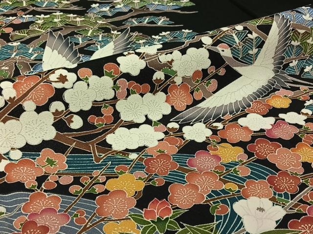 平和屋着物▽豪華黒留袖　単衣　友禅　作家物　飛鶴花文　正絹　逸品　AABJ3442jh