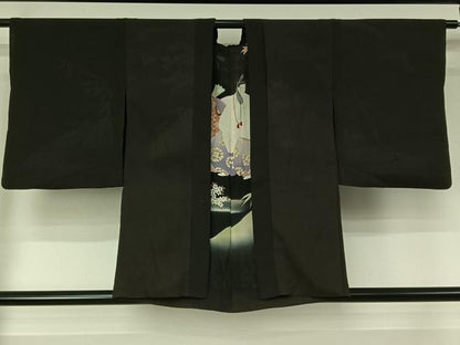 平和屋着物▽アンティーク　大正ロマン　羽織　無双　紗袷　紗×紗　源氏物語　黒地　正絹　逸品　AABJ3448jh