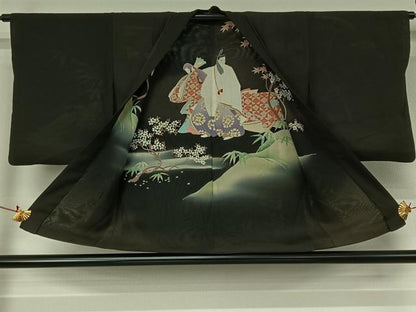 平和屋着物▽アンティーク　大正ロマン　羽織　無双　紗袷　紗×紗　源氏物語　黒地　正絹　逸品　AABJ3448jh
