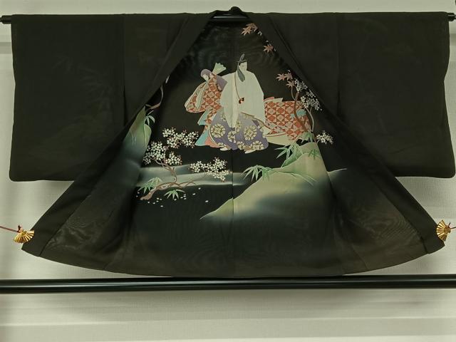平和屋着物▽アンティーク　大正ロマン　羽織　無双　紗袷　紗×紗　源氏物語　黒地　正絹　逸品　AABJ3448jh