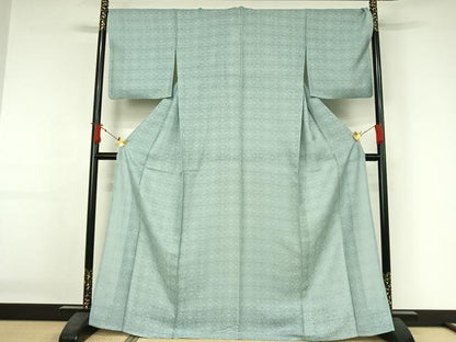 平和屋着物＊夏物　お召　幾何学花紋紗　千草鼠色　正絹　逸品　AABJ3449jh