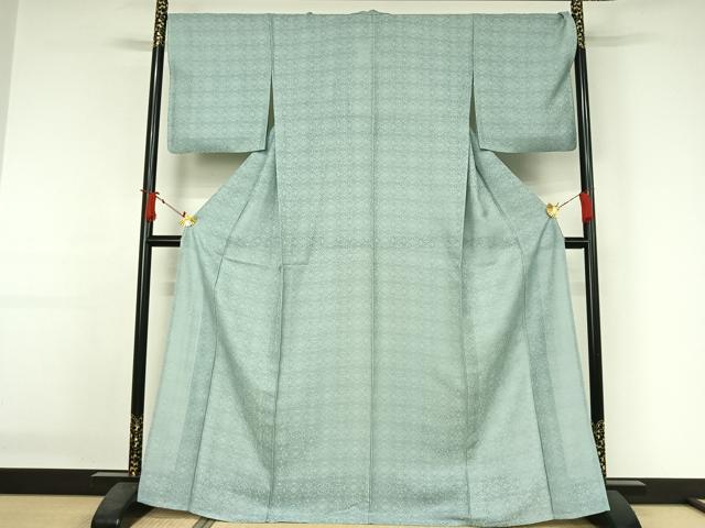 平和屋着物＊夏物　お召　幾何学花紋紗　千草鼠色　正絹　逸品　AABJ3449jh