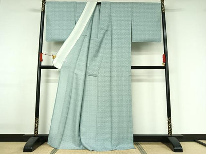 平和屋着物＊夏物　お召　幾何学花紋紗　千草鼠色　正絹　逸品　AABJ3449jh