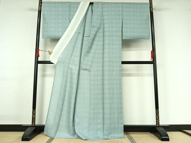 平和屋着物＊夏物　お召　幾何学花紋紗　千草鼠色　正絹　逸品　AABJ3449jh