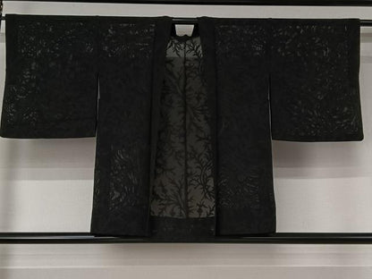平和屋着物▽羽織　スリーシーズン　春夏秋　塵除け　草葉紋紗　黒地　正絹　逸品　AABJ3450jh