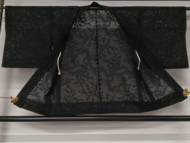 平和屋着物▽羽織　スリーシーズン　春夏秋　塵除け　草葉紋紗　黒地　正絹　逸品　AABJ3450jh