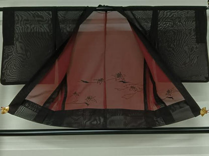 平和屋着物▽羽織　スリーシーズン　春夏秋　塵除け　総刺繍　草花文　黒地　正絹　逸品　AABJ3457jh