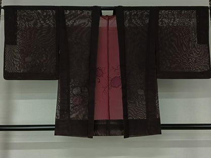 平和屋着物▽羽織　スリーシーズン　春夏秋　塵除け　総刺繍　草花文　黒地　正絹　逸品　AABJ3461jh