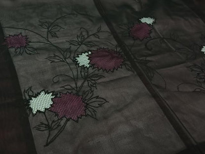 平和屋着物▽羽織　スリーシーズン　春夏秋　塵除け　総刺繍　草花文　黒地　正絹　逸品　AABJ3461jh