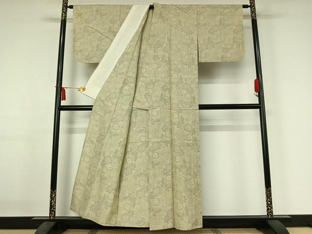 平和屋着物▽上質な紬　単衣　花蝶文　正絹　逸品　AABJ3463jh