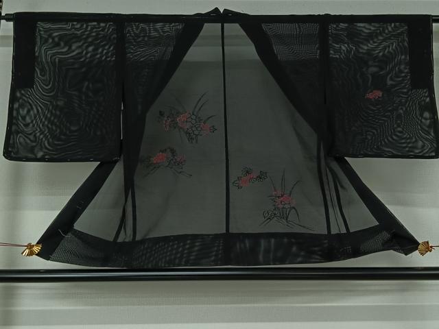 平和屋着物▽羽織　スリーシーズン　春夏秋　塵除け　総刺繍　草花文　黒地　未使用　AABJ3464jh
