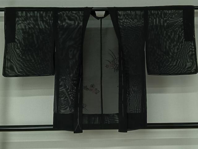 平和屋着物▽羽織　スリーシーズン　春夏秋　塵除け　総刺繍　草花文　黒地　未使用　AABJ3464jh
