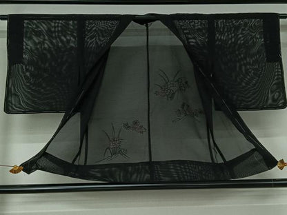 平和屋着物▽羽織　スリーシーズン　春夏秋　塵除け　総刺繍　草花文　黒地　未使用　AABJ3464jh