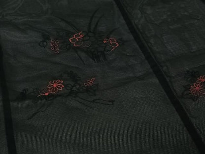 平和屋着物▽羽織　スリーシーズン　春夏秋　塵除け　総刺繍　草花文　黒地　未使用　AABJ3464jh