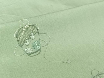 平和屋着物▽訪問着　単衣　紬地　総刺繍　仕覆花文　銀糸　正絹　逸品　AABJ3475jh