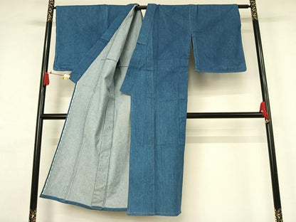 平和屋着物▽デニム着物　単衣　デニム地　霞文　綿　AABJ3478jh