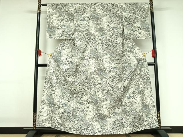 平和屋着物▽上質な小紋　単衣　紬地　手描き　風景花鳥文　正絹　逸品　AABJ3481jh