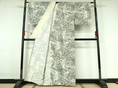 平和屋着物▽上質な小紋　単衣　紬地　手描き　風景花鳥文　正絹　逸品　AABJ3481jh