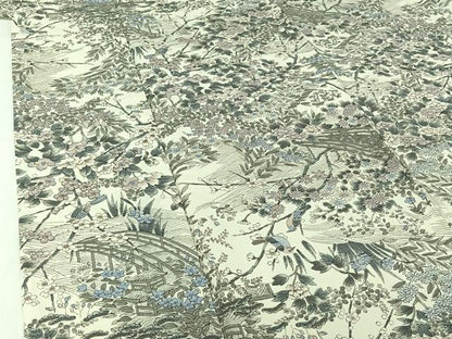 平和屋着物▽上質な小紋　単衣　紬地　手描き　風景花鳥文　正絹　逸品　AABJ3481jh