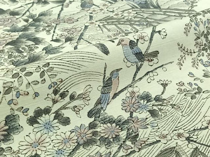 平和屋着物▽上質な小紋　単衣　紬地　手描き　風景花鳥文　正絹　逸品　AABJ3481jh