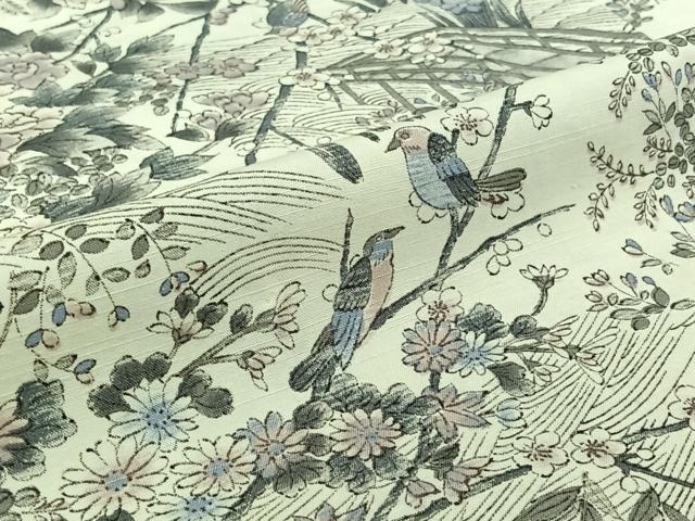 平和屋着物▽上質な小紋　単衣　紬地　手描き　風景花鳥文　正絹　逸品　AABJ3481jh