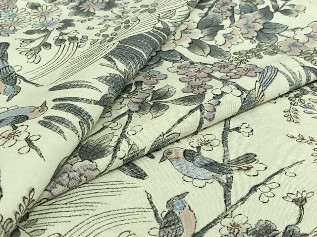 平和屋着物▽上質な小紋　単衣　紬地　手描き　風景花鳥文　正絹　逸品　AABJ3481jh