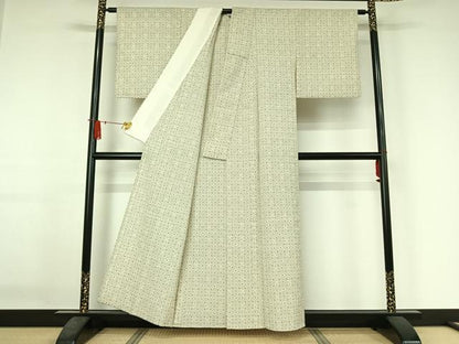 平和屋着物▽本塩沢　単衣　幾何学文様　正絹　逸品　AABJ3482jh
