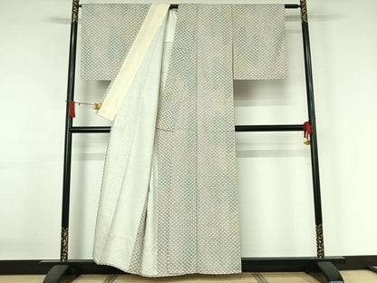 平和屋着物▽上質な小紋　単衣　紬地　草花文　正絹　逸品　AABJ3483jh