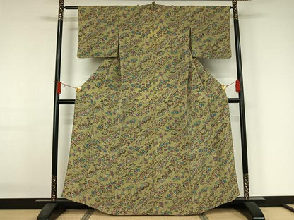平和屋着物▽上質な小紋　単衣　草花文　鬼しぼ縮緬　正絹　逸品　AABJ3497jh
