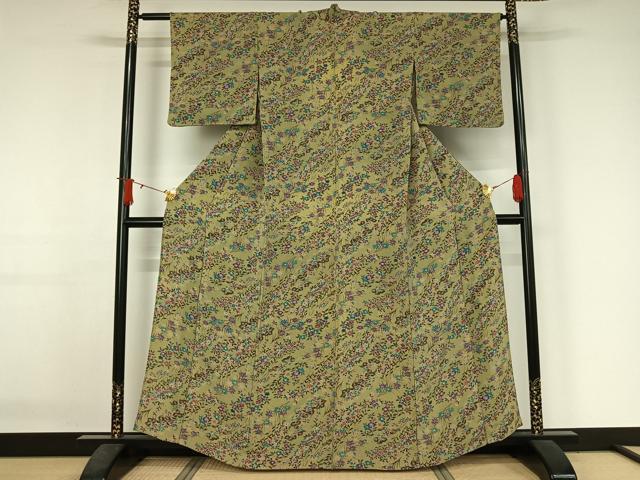 平和屋着物▽上質な小紋　単衣　草花文　鬼しぼ縮緬　正絹　逸品　AABJ3497jh