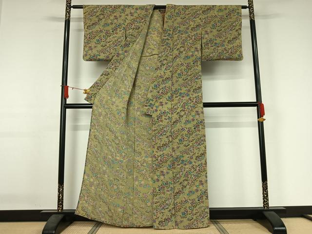 平和屋着物▽上質な小紋　単衣　草花文　鬼しぼ縮緬　正絹　逸品　AABJ3497jh