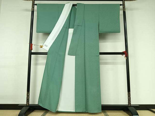 平和屋着物▽洗える最高級着物　＜英＞はなぶさ謹製　色無地　単衣　花唐草地紋　青磁色　洗える着物　AABJ3498jh