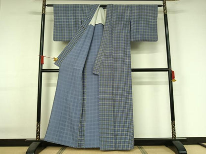 平和屋着物▽上質な小紋　単衣　紬地　格子　正絹　逸品　AABJ3502jh