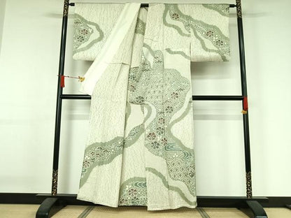 平和屋着物▽訪問着　単衣　杢目絞り　吉祥花文　正絹　逸品　AABJ3504jh