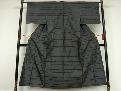 平和屋着物▽本場大島紬　単衣　横段文　黒地　正絹　逸品　AABJ3516jh