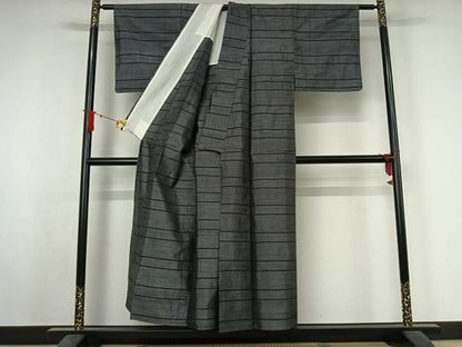 平和屋着物▽本場大島紬　単衣　横段文　黒地　正絹　逸品　AABJ3516jh