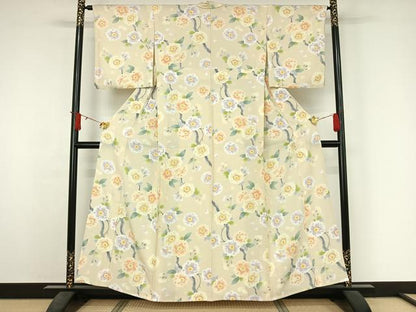 平和屋着物▽上質な小紋　単衣　友禅　枝花文　正絹　逸品　AABJ3517jh